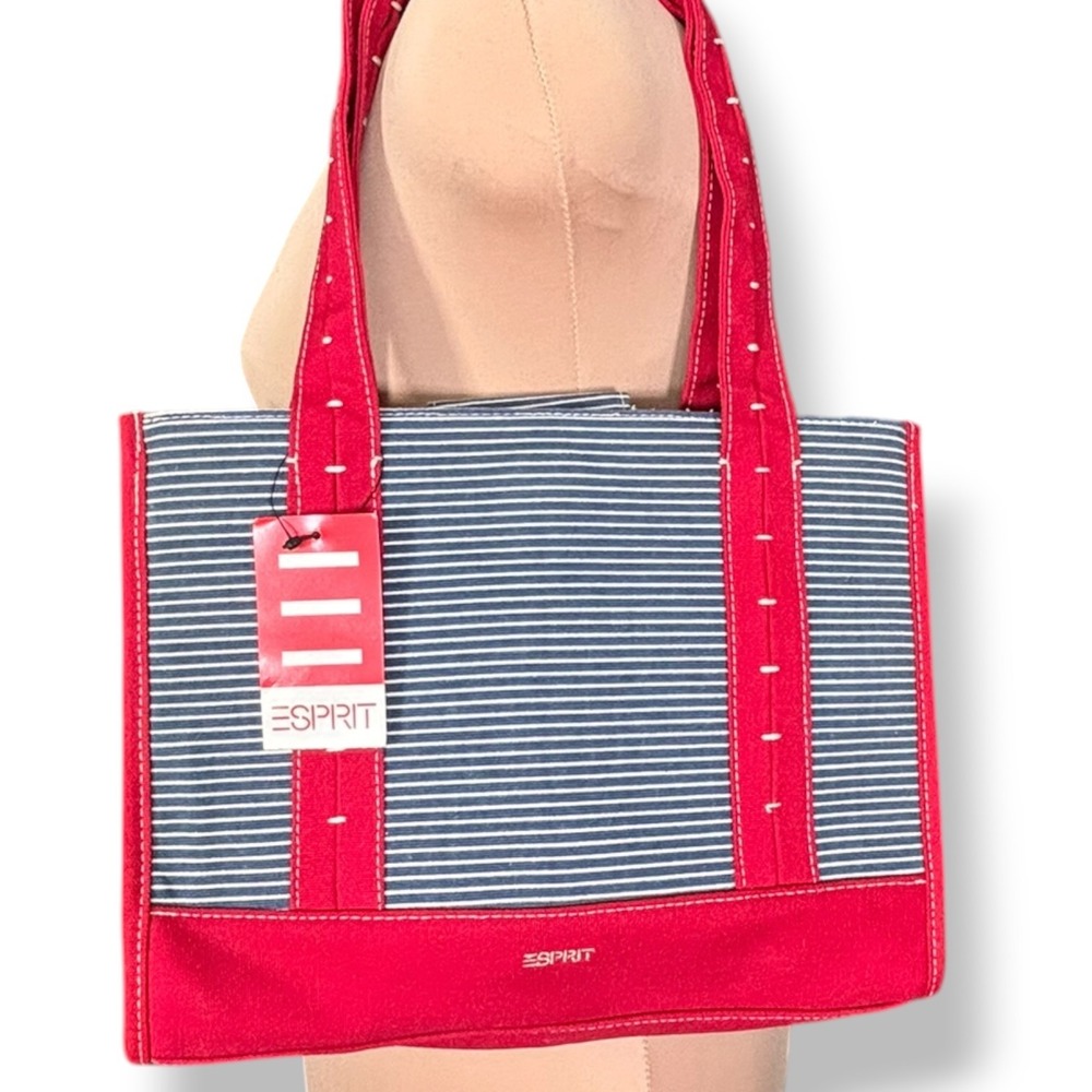 Vintage Esprit De Corp Red Navy Striped Canvas Tote Bag Preppy Nautical New